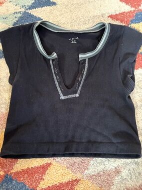 Urban Outfitters Black Ribbed Crop Top with Light Gray Trim